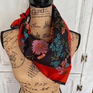 Vintage Women's Square Scarf Red Background w/ Floral Design